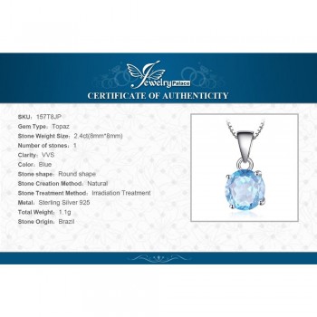 JewelryPalace 2.4ct Natural stone Sky Blue Topaz Pendant Round Cut Solid 925 Sterling Silver Jewelry Not Include the Chain