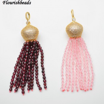 Natural Faceted 3mm Garnet / Rose Quartz / White Howlite Turquoise Round Seed Beads Tassel Pendants Paved CZ Metal Crown Cap