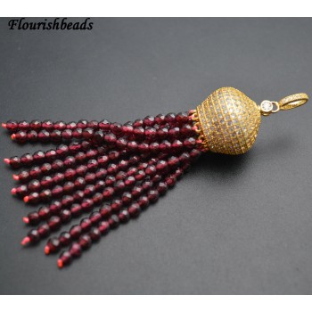 Natural Faceted 3mm Garnet / Rose Quartz / White Howlite Turquoise Round Seed Beads Tassel Pendants Paved CZ Metal Crown Cap
