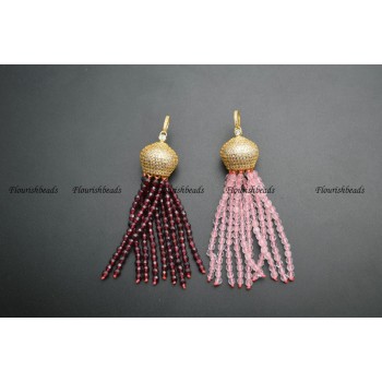 Natural Faceted 3mm Garnet / Rose Quartz / White Howlite Turquoise Round Seed Beads Tassel Pendants Paved CZ Metal Crown Cap
