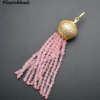 Natural Faceted 3mm Garnet / Rose Quartz / White Howlite Turquoise Round Seed Beads Tassel Pendants Paved CZ Metal Crown Cap