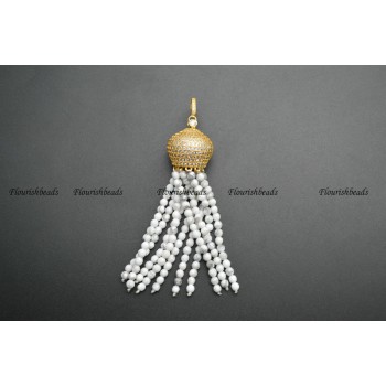 Natural Faceted 3mm Garnet / Rose Quartz / White Howlite Turquoise Round Seed Beads Tassel Pendants Paved CZ Metal Crown Cap