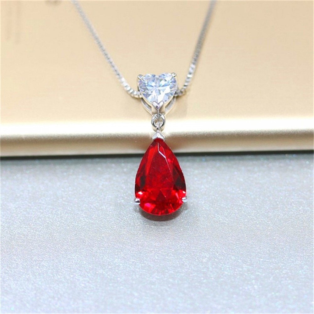 Ruby Gemstone S925 Silver Sterling Pendant Necklace Fine Jewelry Heart amp; Water Drop Bridal Wedding Classic Bijoux No Chain