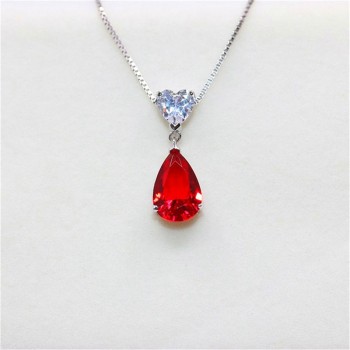 Ruby Gemstone S925 Silver Sterling Pendant Necklace Fine Jewelry Heart amp; Water Drop Bridal Wedding Classic Bijoux No Chain