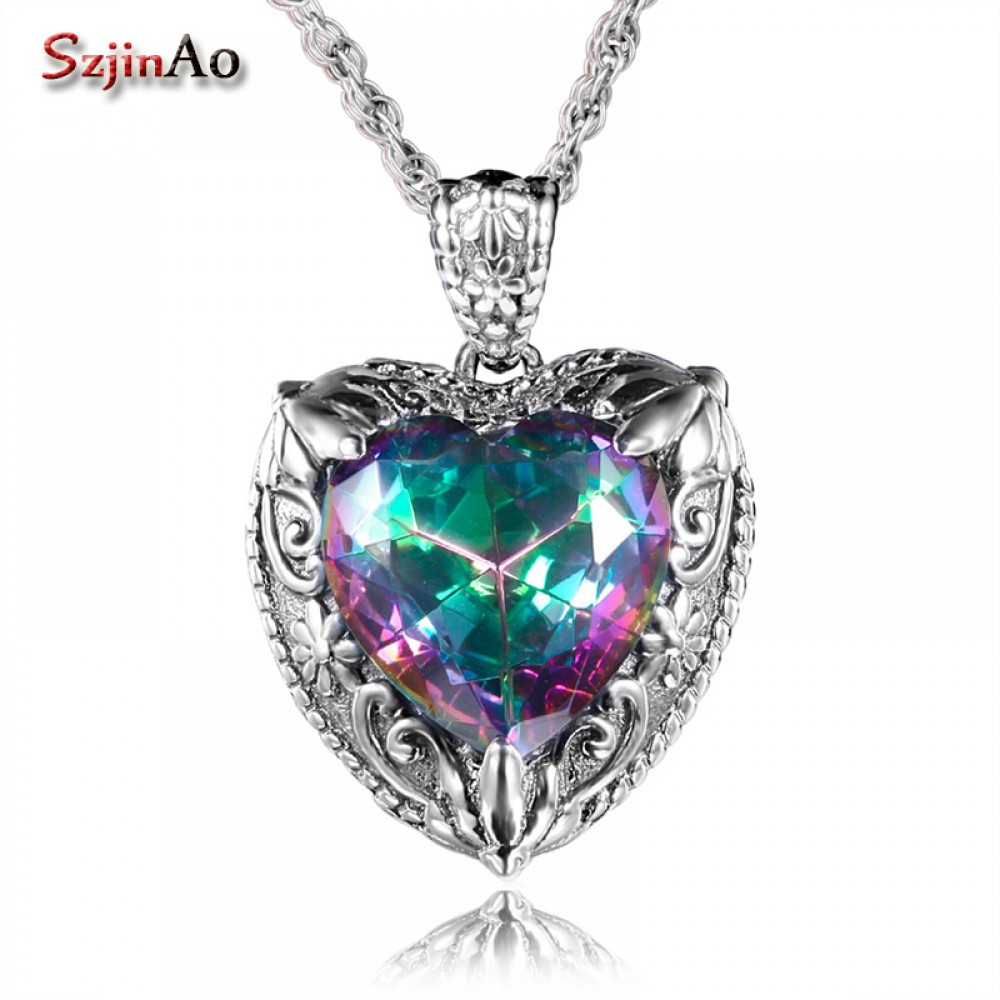 Szjinao Vintage viking Charms Heart Shape Love 925 Sterling-Silver-Jewelry Rainbow Topaz Necklaces amp; Pendant For Women Gift
