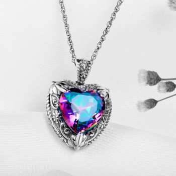 Szjinao Vintage viking Charms Heart Shape Love 925 Sterling-Silver-Jewelry Rainbow Topaz Necklaces amp; Pendant For Women Gift