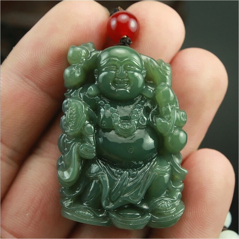 Natural Hand-carved Chinese Hetian Jade Pendant - Green Jade Carved Buddha Lucky Amulet Pendants Necklace