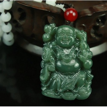 Natural Hand-carved Chinese Hetian Jade Pendant - Green Jade Carved Buddha Lucky Amulet Pendants Necklace