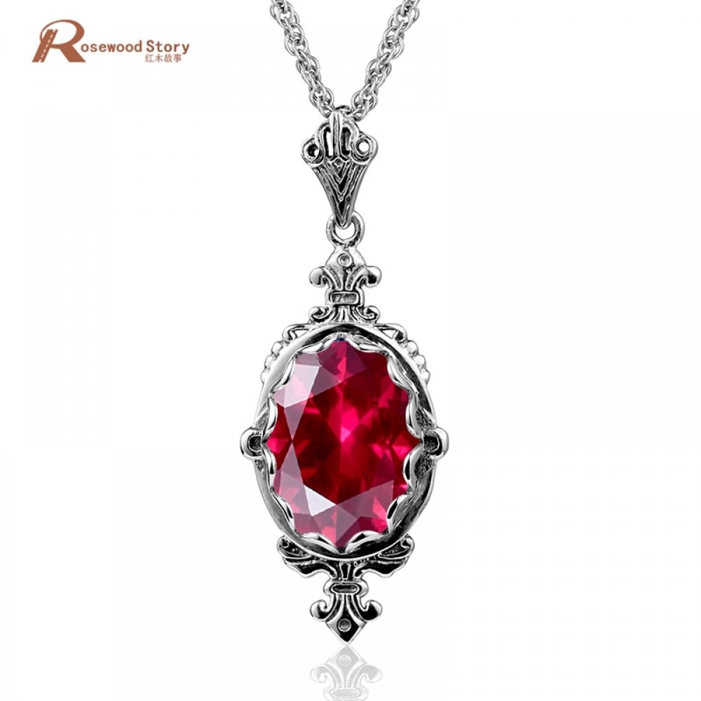 Women Fashion Retro Necklace Pendant Jewelry Lab Ruby Stone Classic Necklace Real 925 Sterling Silver Austrian Crystal Pendant