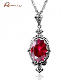 Women Fashion Retro Necklace Pendant Jewelry Lab Ruby Stone Classic Necklace Real 925 Sterling Silver Austrian Crystal Pendant