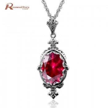 Women Fashion Retro Necklace Pendant Jewelry Lab Ruby Stone Classic Necklace Real 925 Sterling Silver Austrian Crystal Pendant