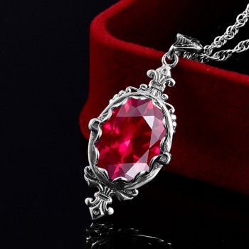 Women Fashion Retro Necklace Pendant Jewelry Lab Ruby Stone Classic Necklace Real 925 Sterling Silver Austrian Crystal Pendant