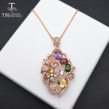 TBJ ,S925 silver pendant  with natural multi color tourmaline and fancy color natural gemstones amethyst citrine and chrome