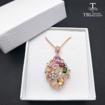 TBJ ,S925 silver pendant  with natural multi color tourmaline and fancy color natural gemstones amethyst citrine and chrome