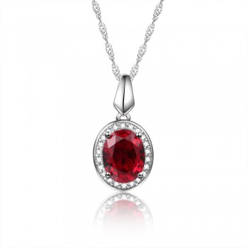 DOUBLE-R Classic 925 Silver Pendant Necklace Created Oval Ruby 2.0ct Gemstone Zircon Pendant for Women Wedding Jewelry