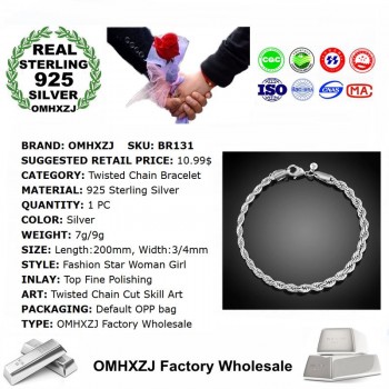 OMHXZJ Wholesale Personality Fashion OL Woman Girl Party Wedding Gift Silver Twisted Chain 925 Sterling Silver Bracelet BR131