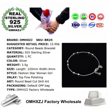 OMHXZJ Wholesale Personality Fashion OL Woman Girl Party Wedding Gift Silver Round Beads Chain 925 Sterling Silver Bracelet BR25