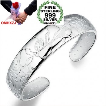 OMHXZJ Wholesale fashion geometric lotus woman kpop star Fine 999 Sterling Silver opening adjustable bracelet Bangles SZ09