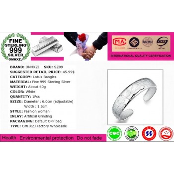 OMHXZJ Wholesale fashion geometric lotus woman kpop star Fine 999 Sterling Silver opening adjustable bracelet Bangles SZ09