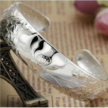 OMHXZJ Wholesale fashion geometric lotus woman kpop star Fine 999 Sterling Silver opening adjustable bracelet Bangles SZ09