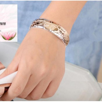 OMHXZJ Wholesale fashion geometric lotus woman kpop star Fine 999 Sterling Silver opening adjustable bracelet Bangles SZ09