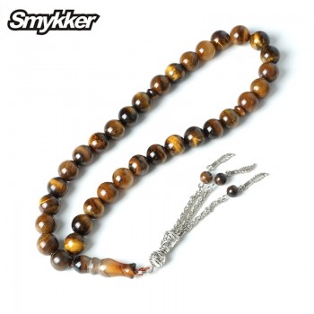 Wholesale Islamic Muslim Prayer Tiger Eye Rosarys Agate Rosary 33pcs Tesbih 10mm Beads Silver Tassel Charms Bracelet Party Gifts