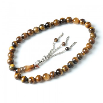 Wholesale Islamic Muslim Prayer Tiger Eye Rosarys Agate Rosary 33pcs Tesbih 10mm Beads Silver Tassel Charms Bracelet Party Gifts