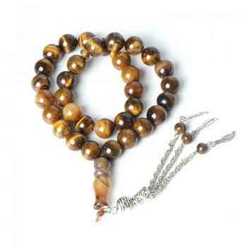 Wholesale Islamic Muslim Prayer Tiger Eye Rosarys Agate Rosary 33pcs Tesbih 10mm Beads Silver Tassel Charms Bracelet Party Gifts