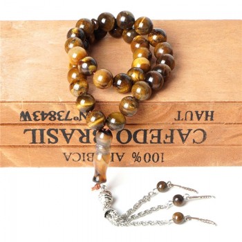 Wholesale Islamic Muslim Prayer Tiger Eye Rosarys Agate Rosary 33pcs Tesbih 10mm Beads Silver Tassel Charms Bracelet Party Gifts