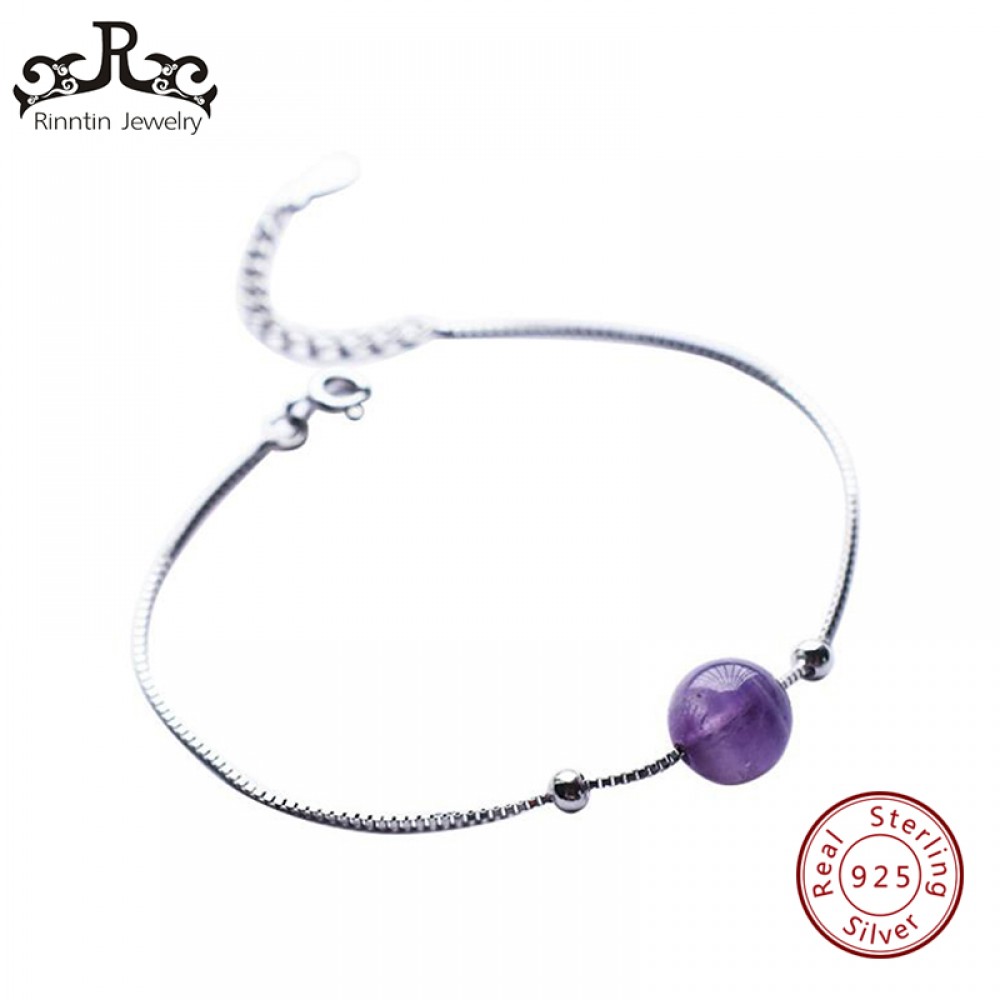 Rinntin 100% 925 Sterling Silver Women Bracelets amp; Bangles Amethys Purple Bead Link Bracelet With Extension Chain Jewelry TPSB10