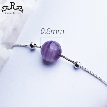 Rinntin 100% 925 Sterling Silver Women Bracelets amp; Bangles Amethys Purple Bead Link Bracelet With Extension Chain Jewelry TPSB10