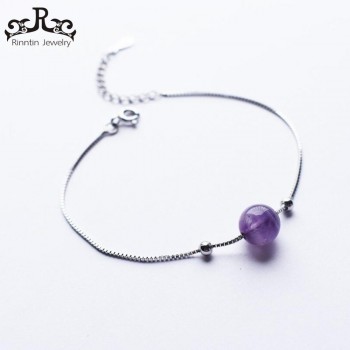 Rinntin 100% 925 Sterling Silver Women Bracelets amp; Bangles Amethys Purple Bead Link Bracelet With Extension Chain Jewelry TPSB10