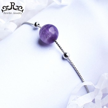 Rinntin 100% 925 Sterling Silver Women Bracelets amp; Bangles Amethys Purple Bead Link Bracelet With Extension Chain Jewelry TPSB10