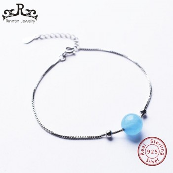 Rinntin 100% 925 Sterling Silver Women Bracelets amp; Bangles Amethys Purple Bead Link Bracelet With Extension Chain Jewelry TPSB10