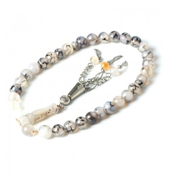 Natural Stone Black Cracked Agate Silver Tassel Rosarys for Islamic Muslim 33 Beads Tesbih 8MM Religious Gift Prayer Bracelet