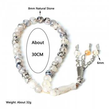 Natural Stone Black Cracked Agate Silver Tassel Rosarys for Islamic Muslim 33 Beads Tesbih 8MM Religious Gift Prayer Bracelet