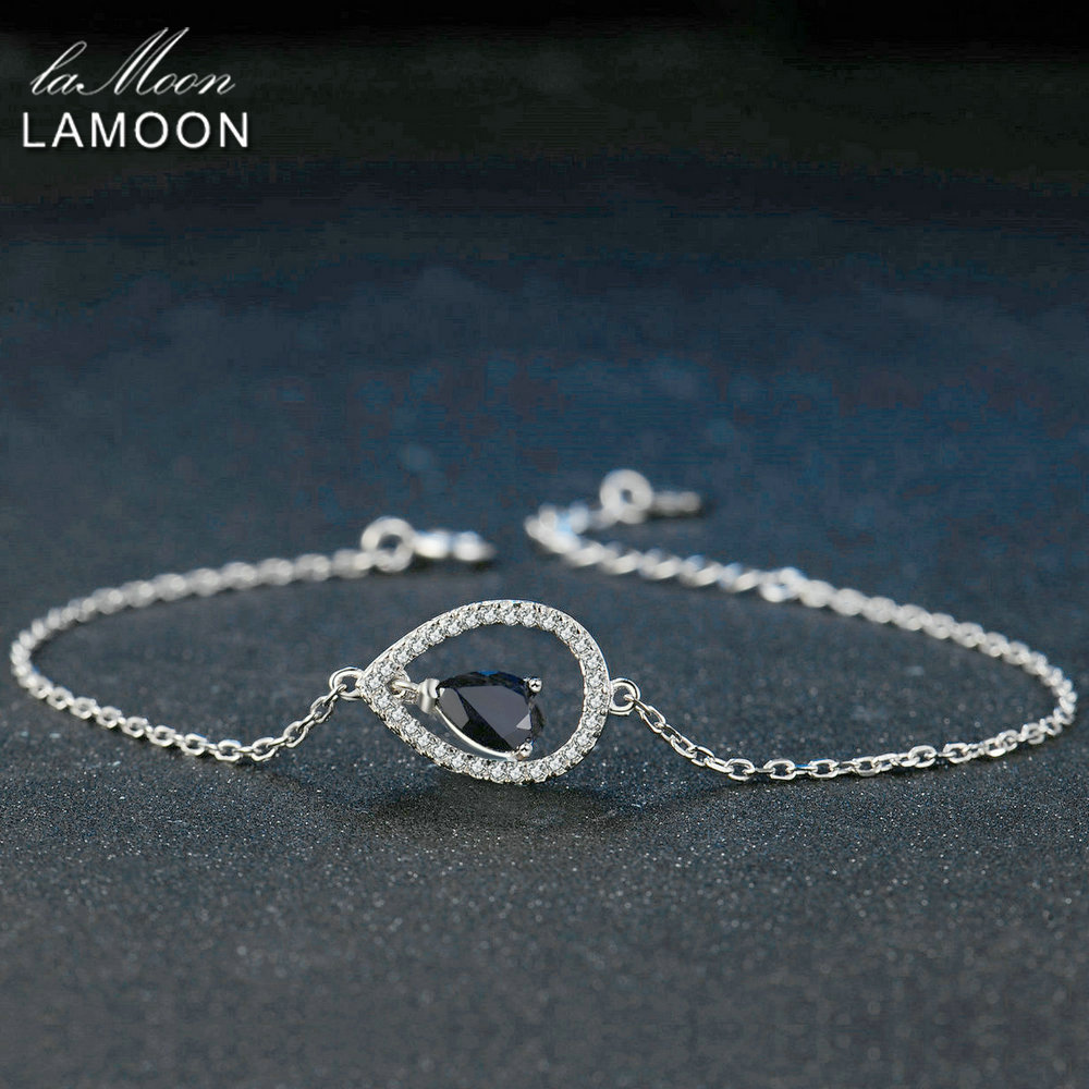 Lamoon 5X7mm Teardrop 100% Real Blue Sapphire 925 Sterling Silver Jewelry  S925 Charm Bracelet LMHI036