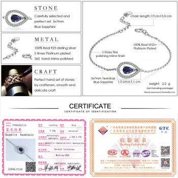 Lamoon 5X7mm Teardrop 100% Real Blue Sapphire 925 Sterling Silver Jewelry  S925 Charm Bracelet LMHI036