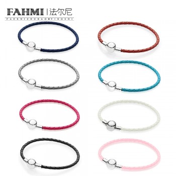 FAHMI 100% 925 Sterling Silver Charming Round Buckle Head Basic Leather Hand Strap Classic Casual Women Suitable Gift Original