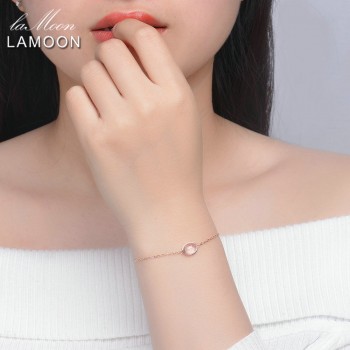 LAMOON Simple 8x6mm 100% Natural Oval Pink Rose Quartz 925 Sterling Silver Jewelry  S925 Charm Bracelet LMHI023