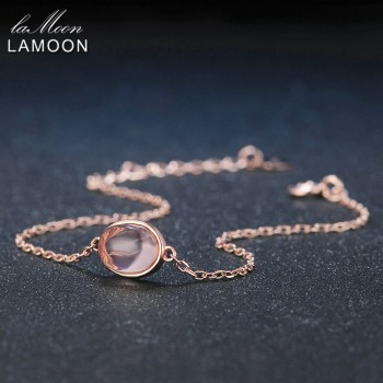 LAMOON Simple 8x6mm 100% Natural Oval Pink Rose Quartz 925 Sterling Silver Jewelry  S925 Charm Bracelet LMHI023