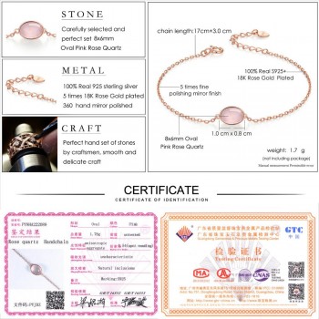 LAMOON Simple 8x6mm 100% Natural Oval Pink Rose Quartz 925 Sterling Silver Jewelry  S925 Charm Bracelet LMHI023