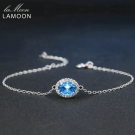 LAMOON Classic 6x8mm 100% Natural Oval Blue Topaz 925 Sterling Silver Jewelry  S925 Charm Bracelet LMHI019