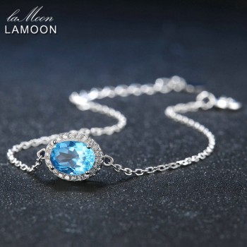 LAMOON Classic 6x8mm 100% Natural Oval Blue Topaz 925 Sterling Silver Jewelry  S925 Charm Bracelet LMHI019