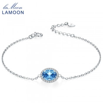 LAMOON Classic 6x8mm 100% Natural Oval Blue Topaz 925 Sterling Silver Jewelry  S925 Charm Bracelet LMHI019