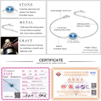 LAMOON Classic 6x8mm 100% Natural Oval Blue Topaz 925 Sterling Silver Jewelry  S925 Charm Bracelet LMHI019