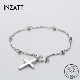 INZATT Classic 925 Sterling Silver Glossy Cross Round Beads Bracelet For Women Metal Chain Link Fine Jewelry Birthday Party Gift