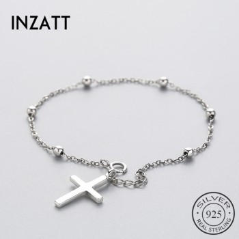INZATT Classic 925 Sterling Silver Glossy Cross Round Beads Bracelet For Women Metal Chain Link Fine Jewelry Birthday Party Gift