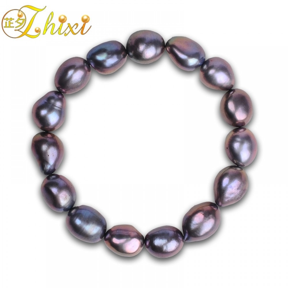 ZHIXI Man Jewlery Pearl jewelry Natural fresh Water Baroque Pearl Bracelets 9-10mm Black Strand bracelets Gift For Love S106