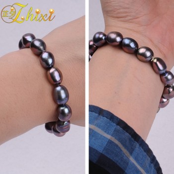 ZHIXI Man Jewlery Pearl jewelry Natural fresh Water Baroque Pearl Bracelets 9-10mm Black Strand bracelets Gift For Love S106